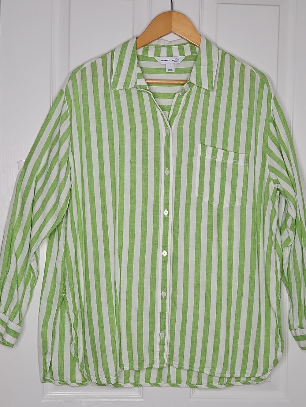 Old Navy Boyfriend Shirt Size L Green Striped Linen Blend Button Up Oversized